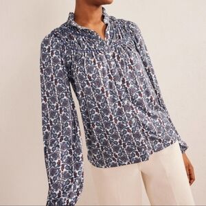 Boden Blue and White Paisley Long-Sleeve Ruffled Yoke Blouse